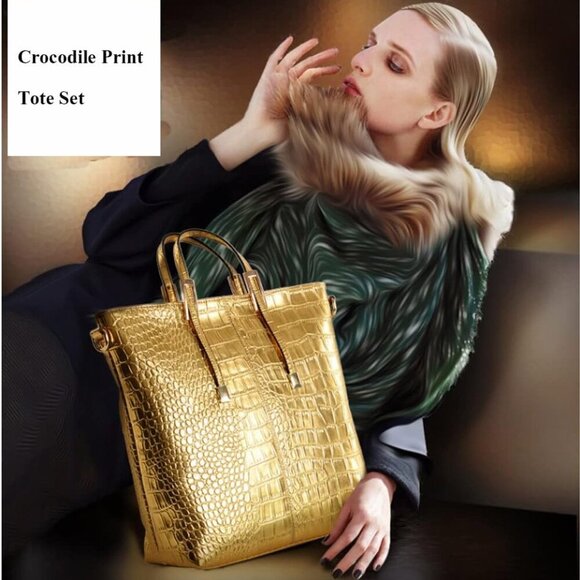 Women Handbag Set Leather Crocodile Pattern Tote Purse Wallet Shoulder Bags - Picture 7 of 7